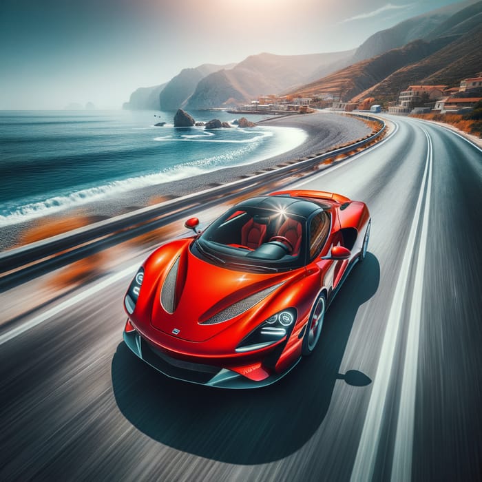 Bright Red Sports Car Racing Along Coastal Highway - High-Speed Photographic Style