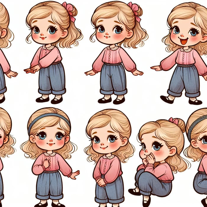 Adorable 5-Year-Old Blond Girl in Blue Trousers | Cute Children's Book Illustrations