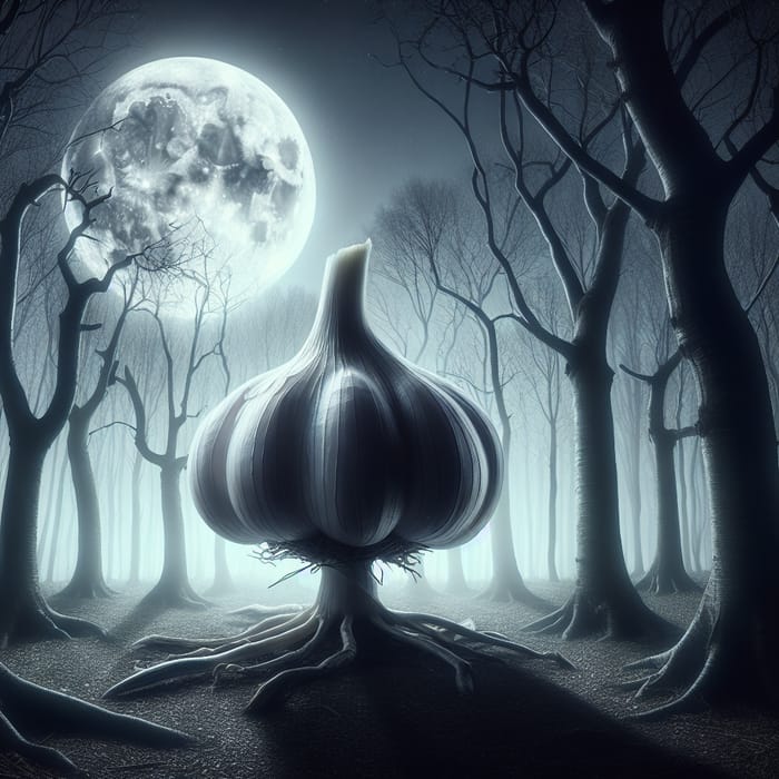 Gigantic Garlic in Horror Forest Scene | Moonlit Mystery Gigantic Garlic in Horror Forest Scene | Moonlit Mystery