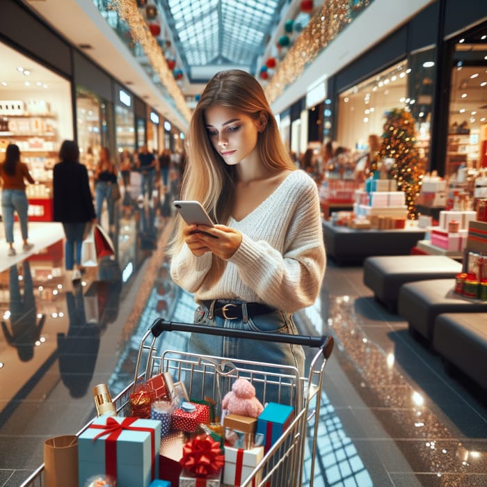 Girl with Phone, Cart of Purchases, Gifts for Shopping