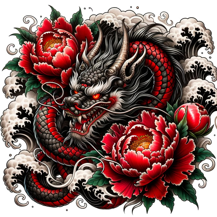 Japanese Dragon Tattoo with Red Peonies | Tatuaje estilo japonés