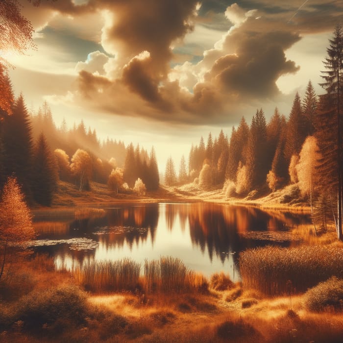 Tranquil Autumn Forest Lake View with Indian Summer Atmosphere