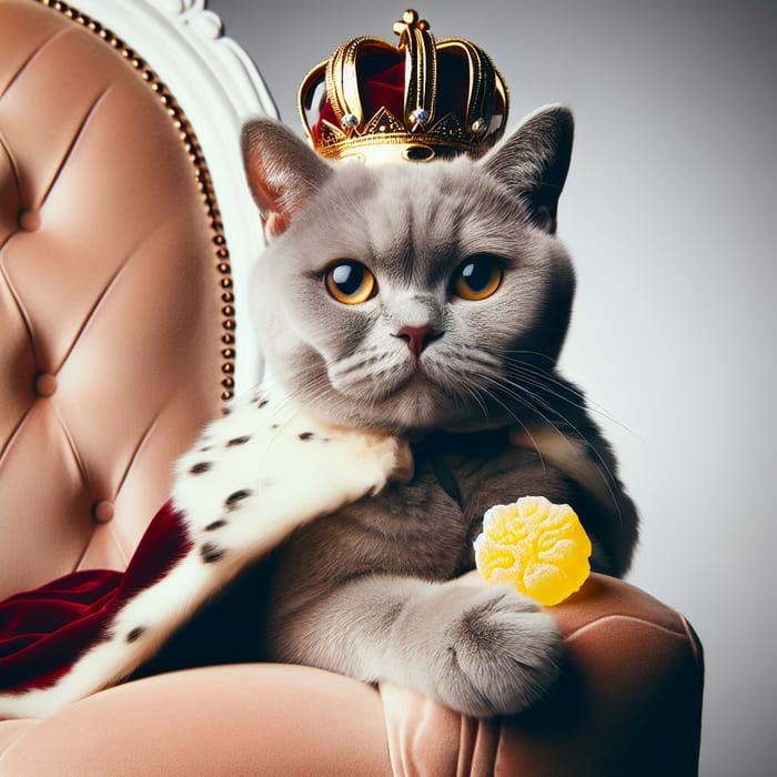 Majestic Cat with Crown and Yellow Candy on Throne