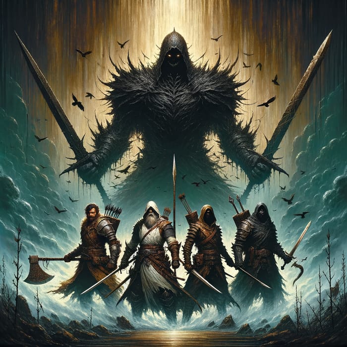 Medieval Fantasy Album Cover with Diverse Heroes and Menacing Villain