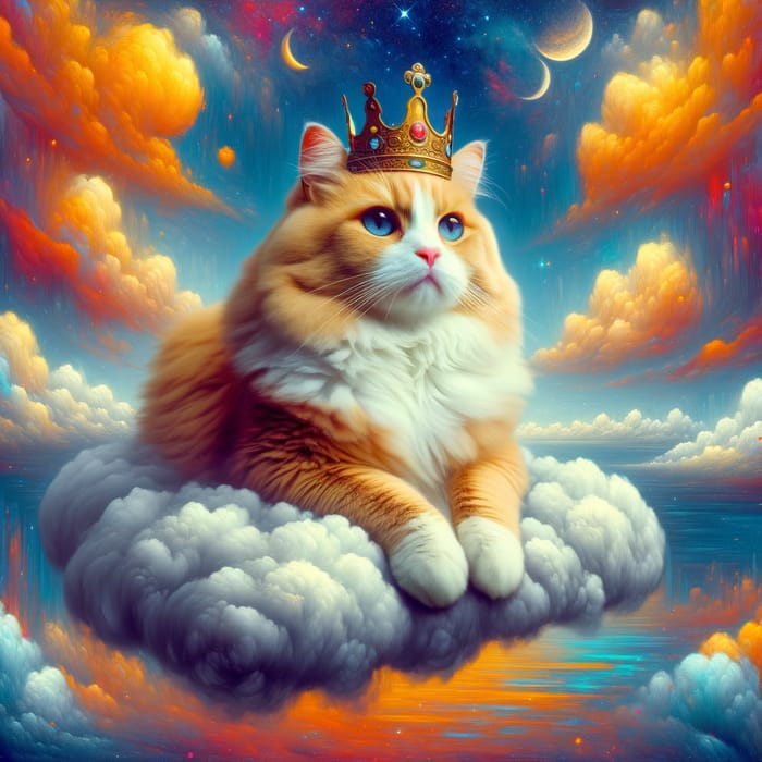 Vibrant Pop Art: Crowned Cat on Floating Cloud | Whimsical Fantasy