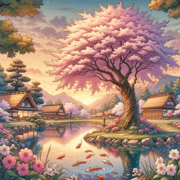 Serene Anime Landscape with Cherry Blossoms