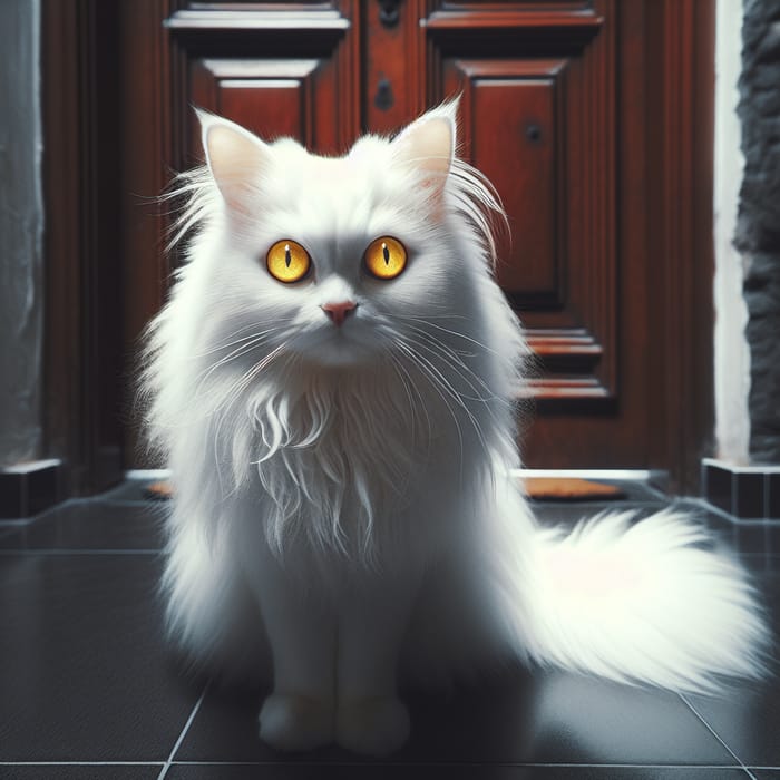 White Cat with Yellow Eyes Standing by Antique Door