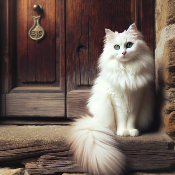 White Cat Standing Beside a Wooden Door