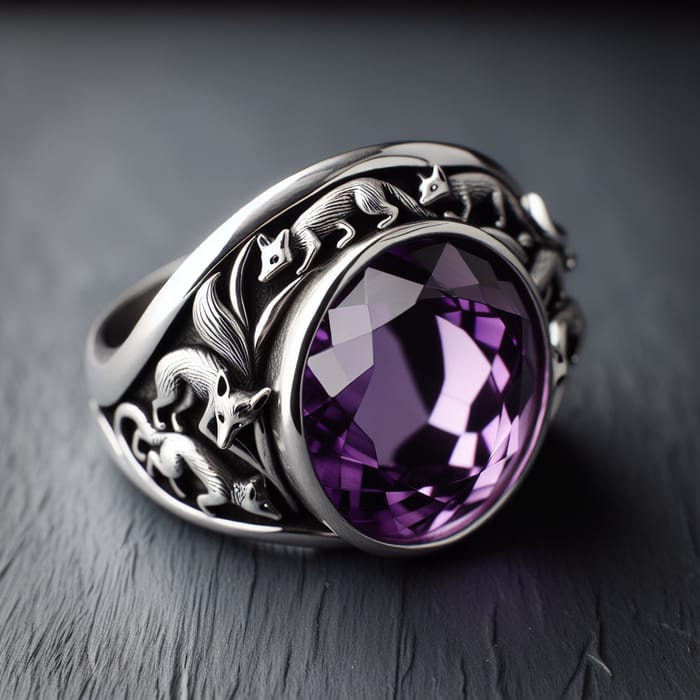 Sterling Silver Men's Ring with Amethyst Gemstone and Fox Motif