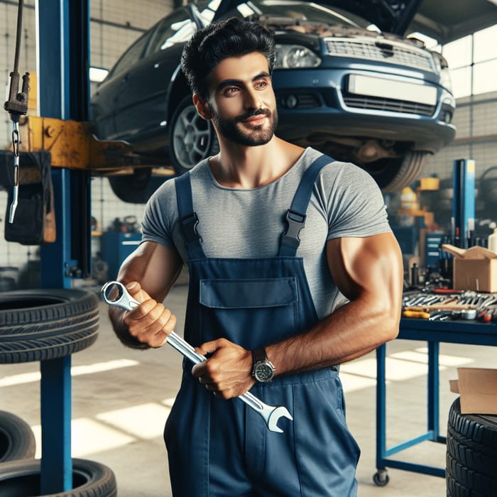 Handsome Mechanic in Overalls Performing Car Maintenance