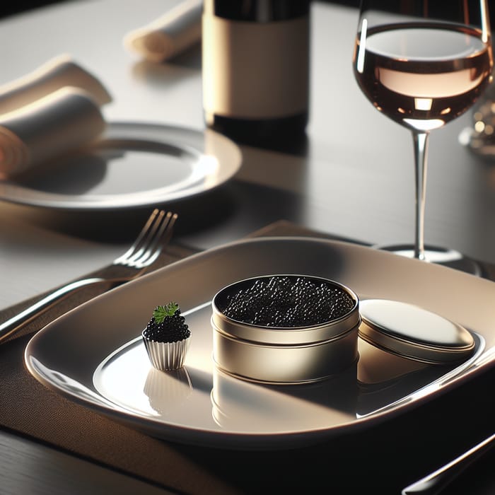 Luxury Black Caviar and Wine Presentation on White Plate