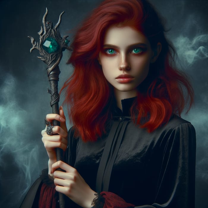 Red-Haired Female Necromancer | Mage Staff & Black Dress