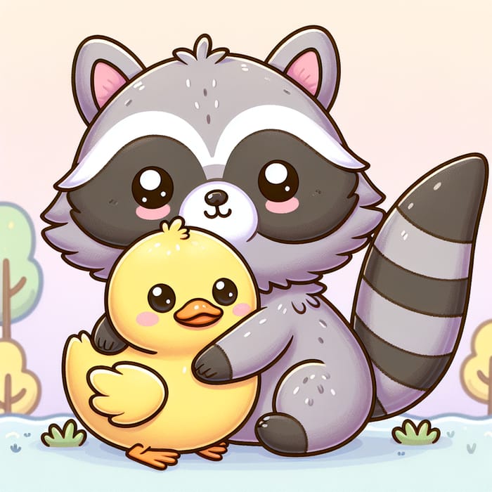 Cute Raccoon and Duck Hugging Kawaii | Sweet Friendship Cartoon