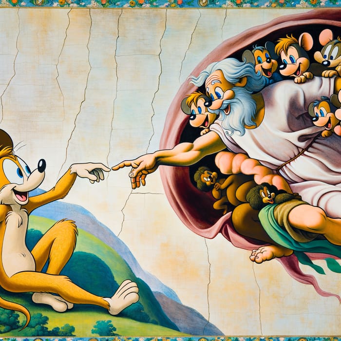 Playful Cartoon Characters Recreating Sistine Chapel's God and Adam