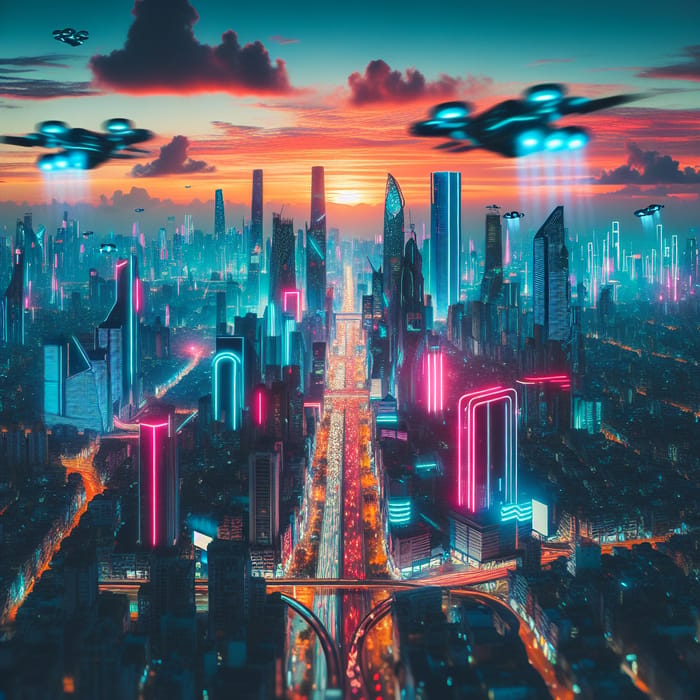 Neon Cyberpunk City Skyline at Sunset | Aerial Drone Perspective