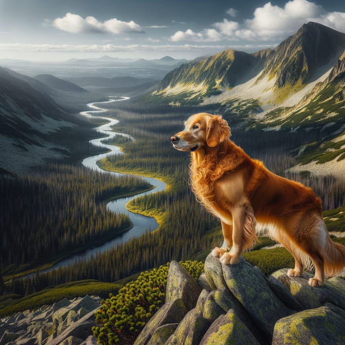 Majestic Golden Retriever on Mountain Peak Overlooking River and Forest