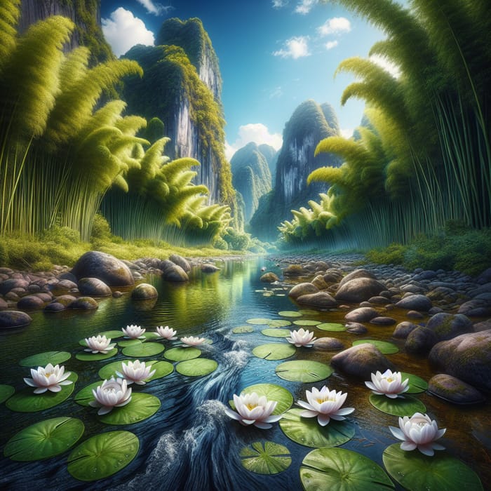 Tranquil River with Bamboos, Water Lilies, and Rocks - Peaceful Nature Scene
