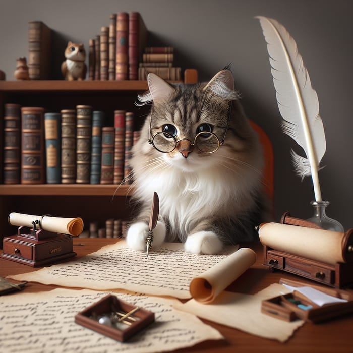 Studious Feline at Desk: Hard-Working Cat with Quill Pen