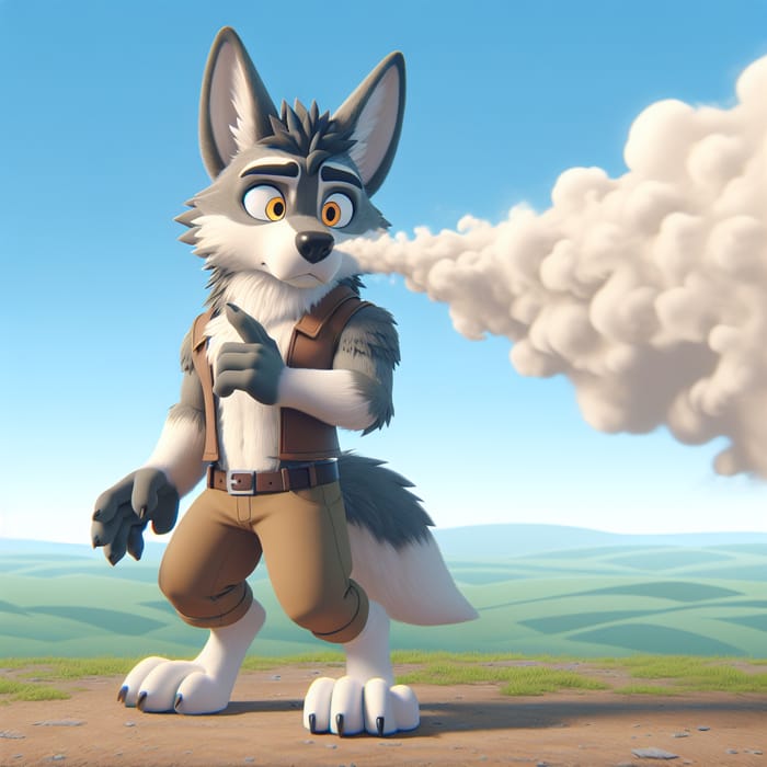 Anime Style Wolf Character Farting White Gas - Comical Illustration