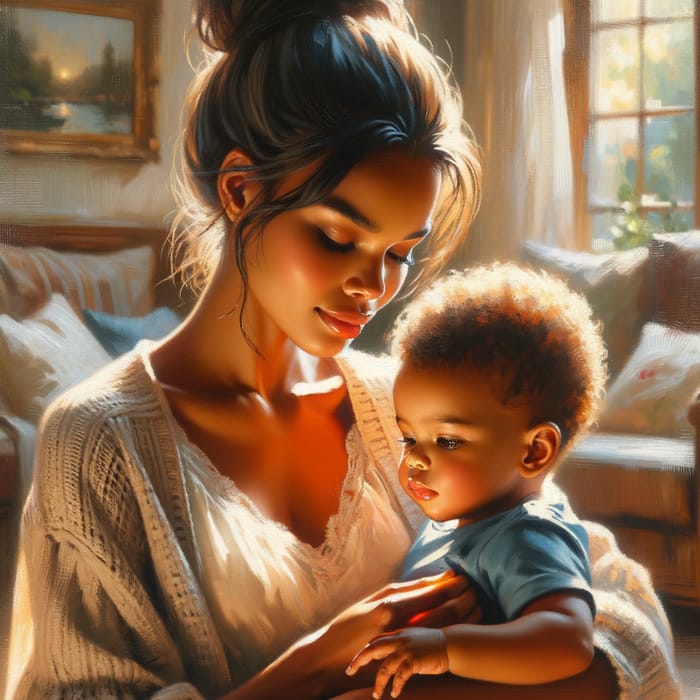 Beautiful Moment - Mother Embracing Child in Stunning Oil Painting