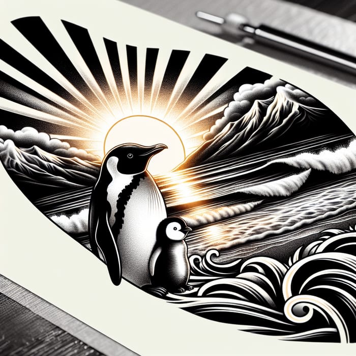 Sunset Wave Penguin Tattoo Design