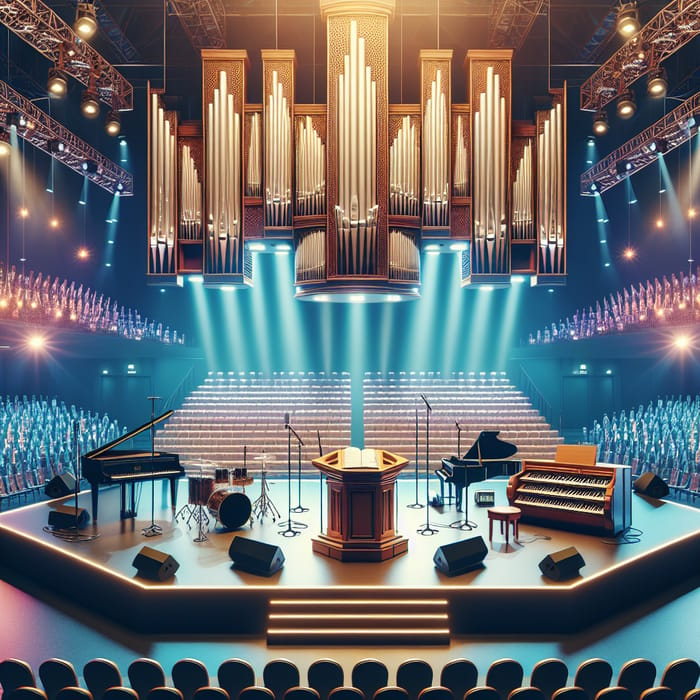 Dynamic 500-Seat Stage Setup with Prominent Pulpit & Symmetrical Instruments