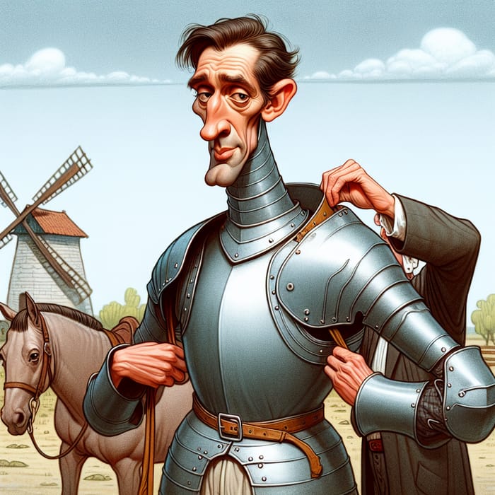 Caricature of Don Quijote Struggling with Oversized Armor