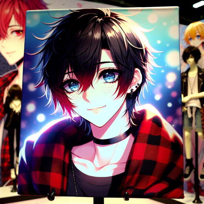 Anime-Style Male Character with Red and Black Hair: Visual Description
