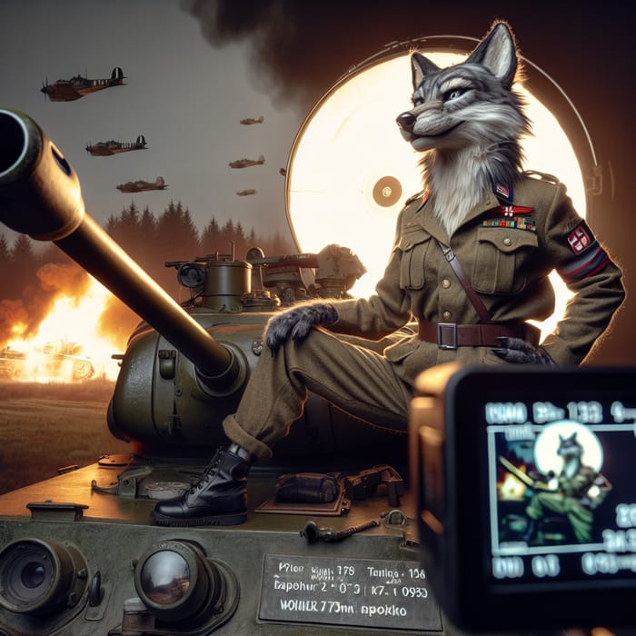 Anthropomorphic Female Gray Wolf in Czech Tank, WWII Scene