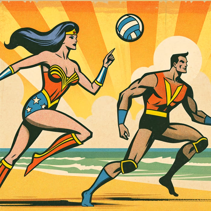 Vintage Superheroes Play Volleyball at the Beach