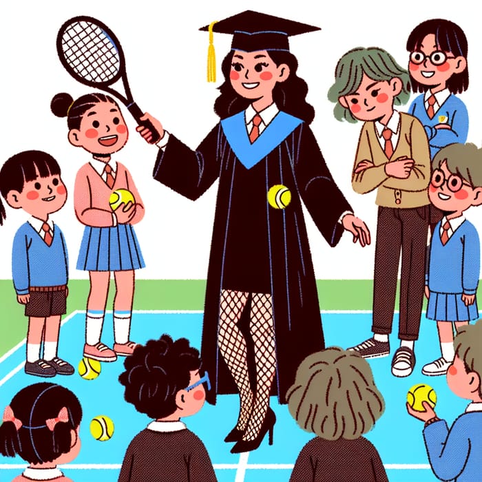 Asian Woman in Graduation Gown and High Heels Teaching Tennis