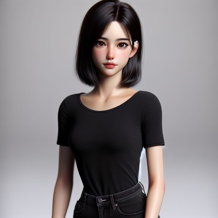 Realistic Image of Slender Girl with Clear Brown Skin and Almond-shaped Dark Brown Eyes