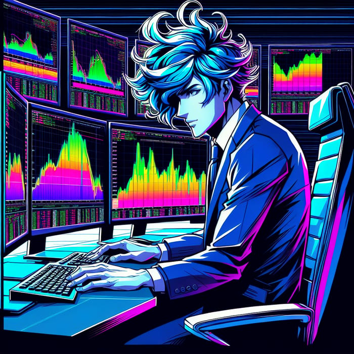 Anime Trader with Swirling Blue Hair