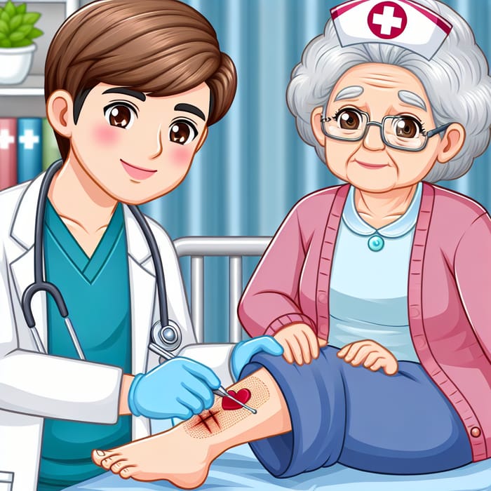 Nurse Treating Wound on Elderly Cartoon Character