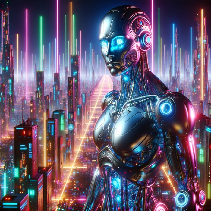 Futuristic Cyborg in Neon-Lit Cityscape: Vibrant Cyberpunk Scene