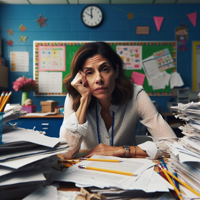Exhausted Hispanic Female Teacher in Classroom | Demonstrating Hard Work and Determination