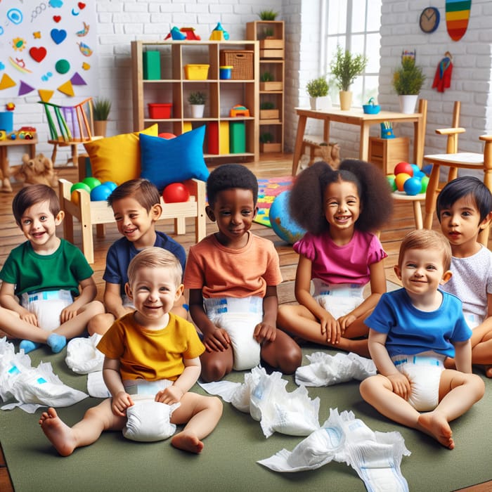 Joyful 12-Year-Old Children Playing in Colorful Pampers Diapers
