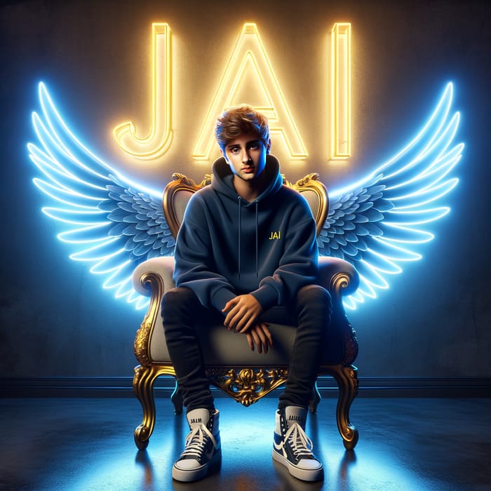 Charming 21-Year-Old Angel on White Iron Throne with Neon 'JAI'