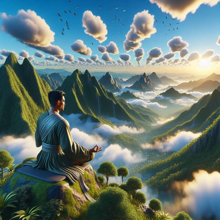 Ultra-High Resolution 3D Image of Man Meditating on Mountain Top