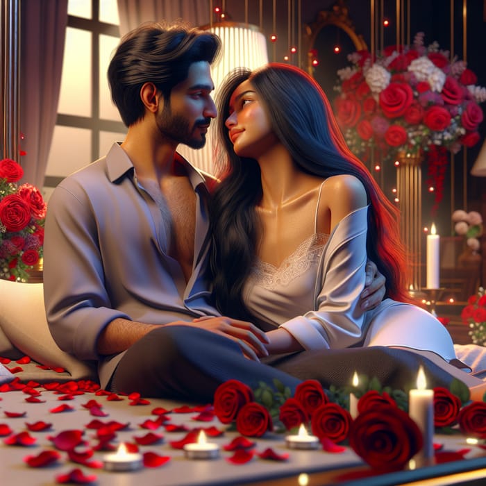 Romantic 3D Image: Man and Woman in Love Laying in Bed with Roses
