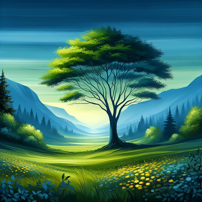 Serenity in Green and Blue: Majestic Tree Overlooking Yellow Flowers