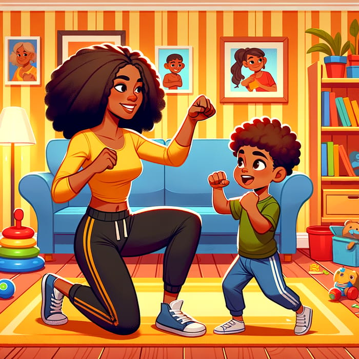 Cartoon: Young Black Mother Teaching 5-Year-Old Son Boxing