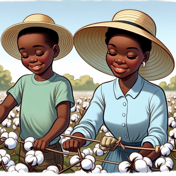 Heartwarming Cartoon Illustration of Young Black Mother and Son in Cotton Field