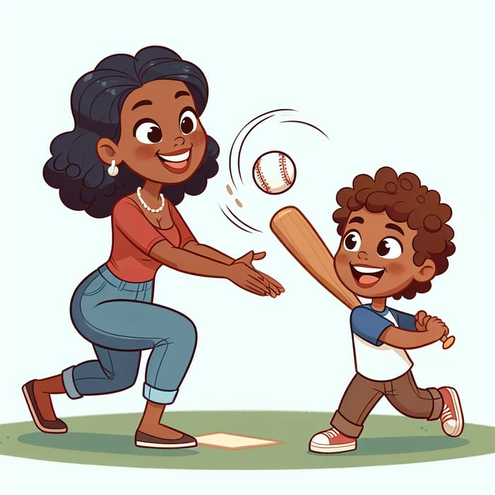 Playful Baseball Learning Moment: Young Black Mother Teaching Son to Hit a Baseball