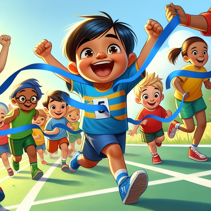 Animated Diverse Kids Foot Race: 5-Year-Old Breaks Tape First