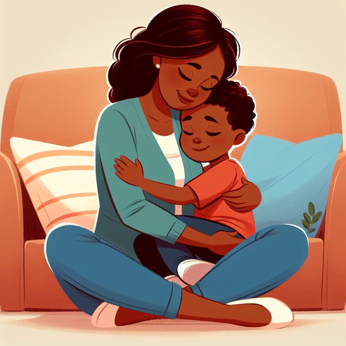 Cartoon Black Mother and Son Hugged - Heartwarming Scene