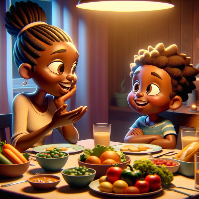 Heartwarming Cartoon: Black Mother & Son Dinner Conversation