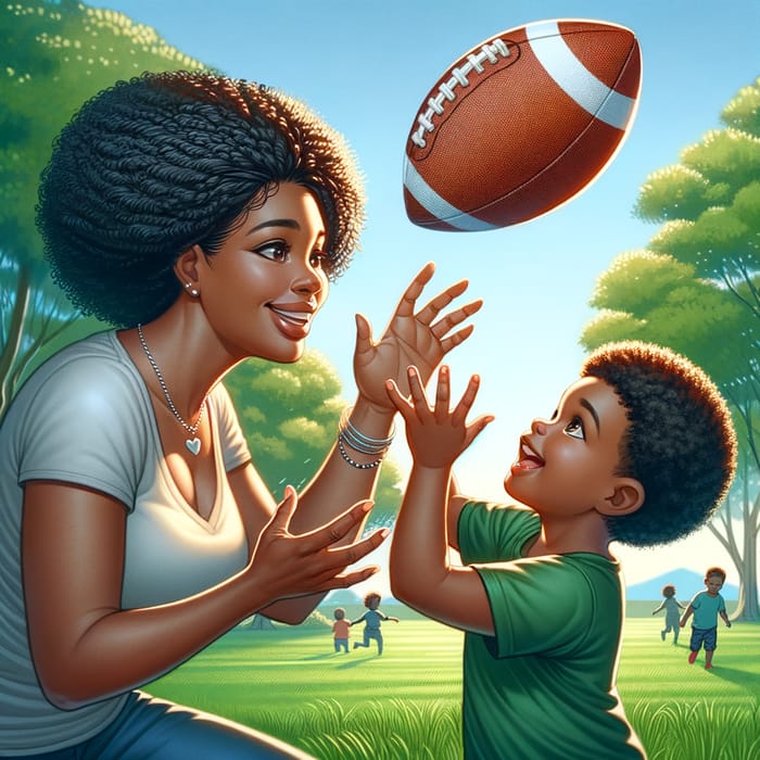 Wholesome Scene: Young Black Mother Teaching Son Football Catch