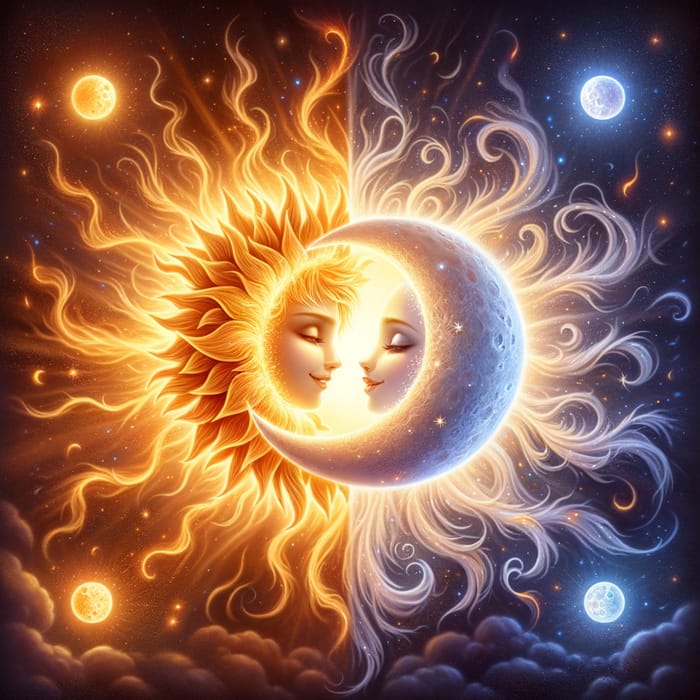 Celestial Love: Sun and Moon Embracing in Affection