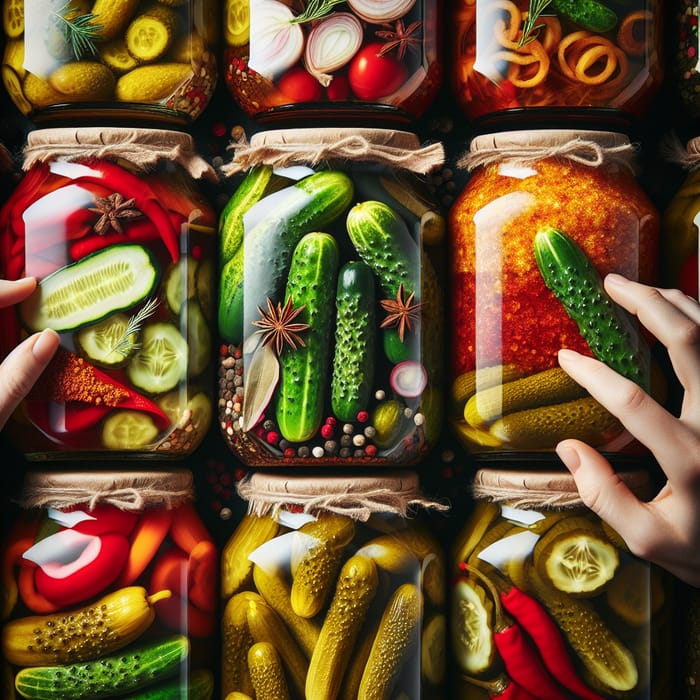Close-Up Shots of Colorful Pickle Jars Unsealed